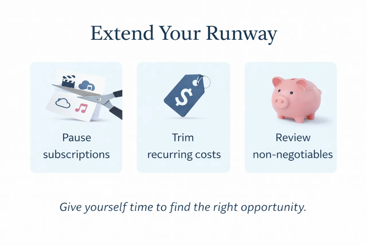 An 'Extend Your Runway' graphic with three steps, pause subscriptions, trim recurring costs, and review non-negotiables, above the line 'Give yourself time to find the right opportunity.'