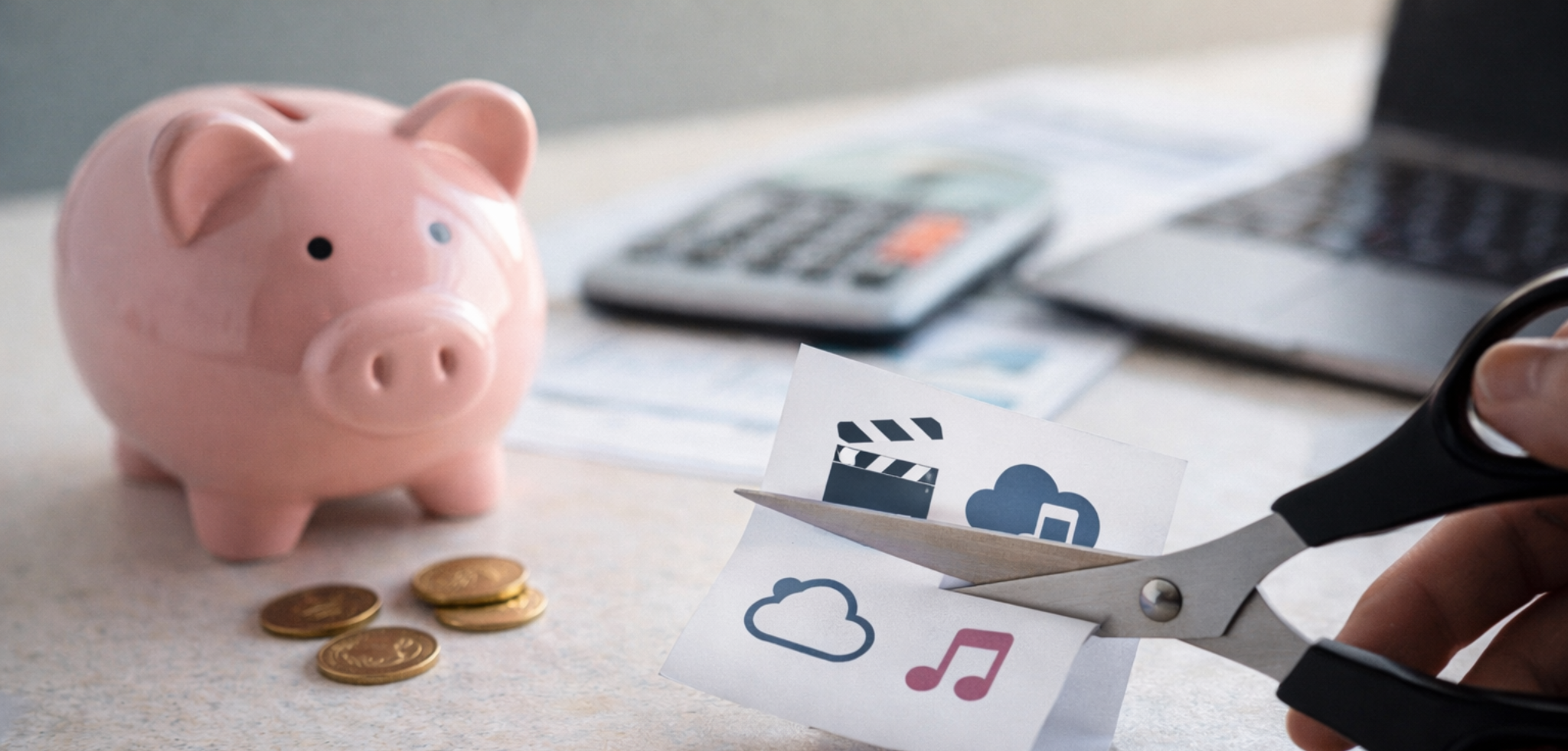 A pink piggy bank beside scissors cutting a paper printed with streaming and subscription icons.