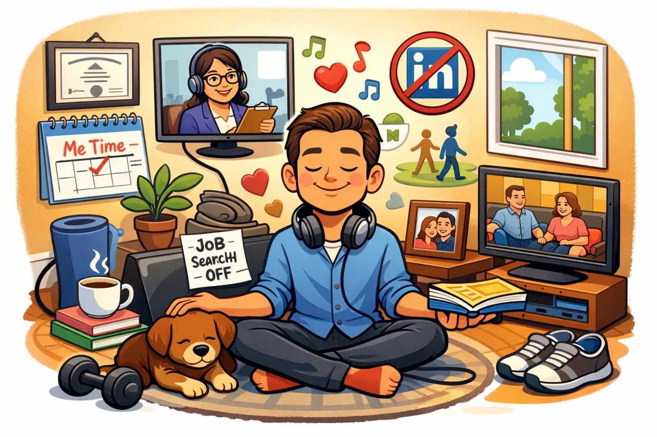 A person meditating calmly at home beside a sleeping puppy, with a 'Job Search OFF' sign, a 'Me Time' calendar, and a crossed-out LinkedIn logo.