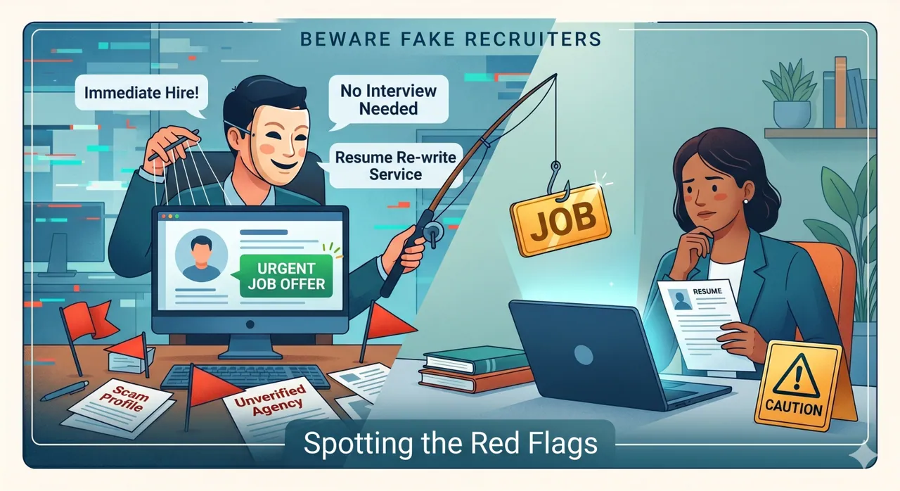 A 'Beware Fake Recruiters' graphic: a puppet-master figure dangles an urgent job offer on a fishing line toward a cautious job seeker, titled 'Spotting the Red Flags.'