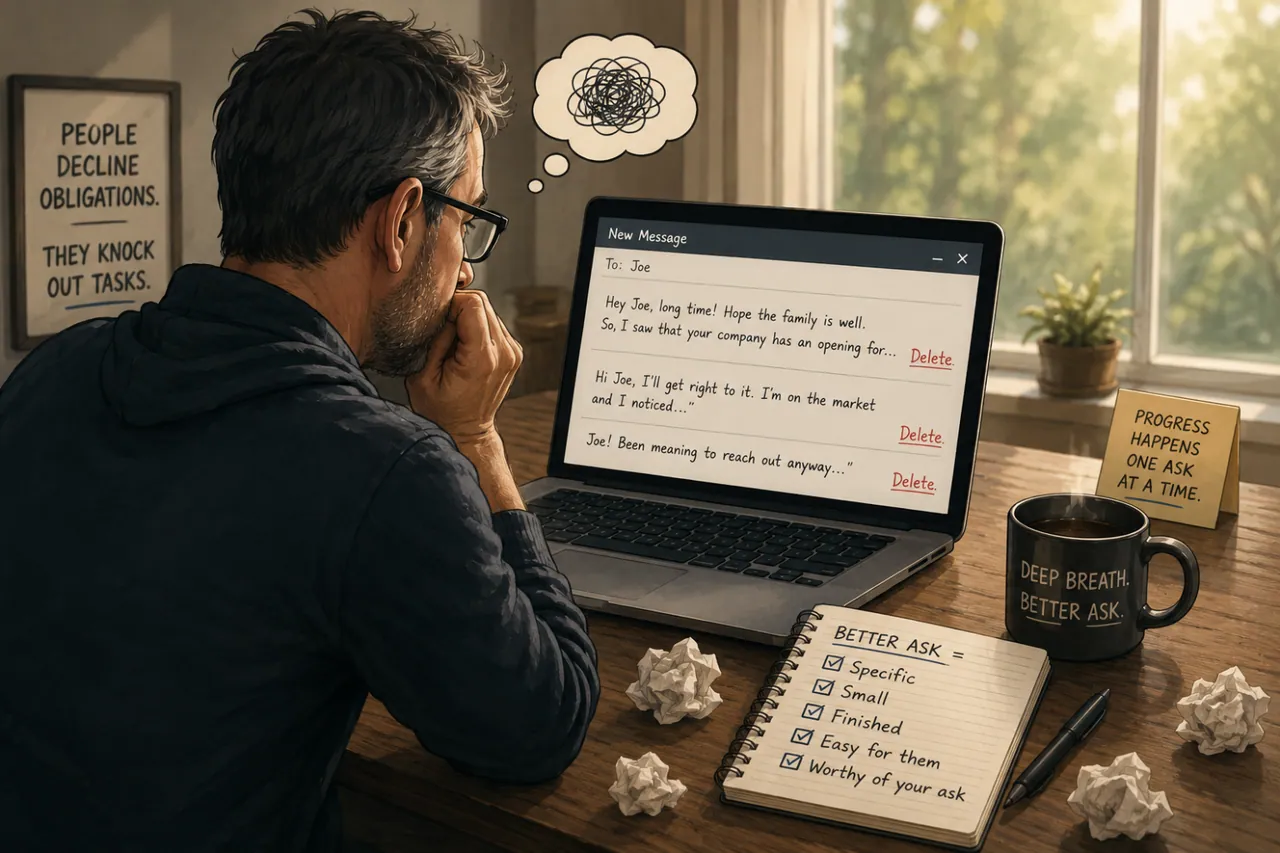 A man at a laptop agonizing over a networking email to Joe, three draft openings each marked 'Delete,' beside a notebook reading 'Better ask = specific, small, finished, easy for them, worthy of your ask' and a mug that says 'Deep breath. Better ask.'