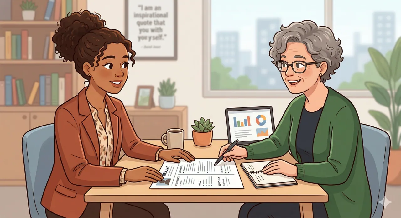 A career coach and her client reviewing a printed resume together across a table, a laptop with charts beside them.
